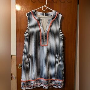 Cabana Life Navy and White Striped Dress with Coral Trim